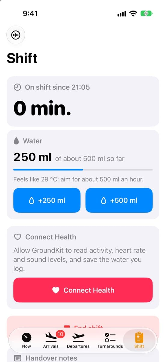 GroundKit Shift screen showing time on shift and water logged against an hourly target